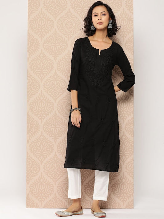Yufta Floral Embroidered Chikankari Cotton Kurta Black