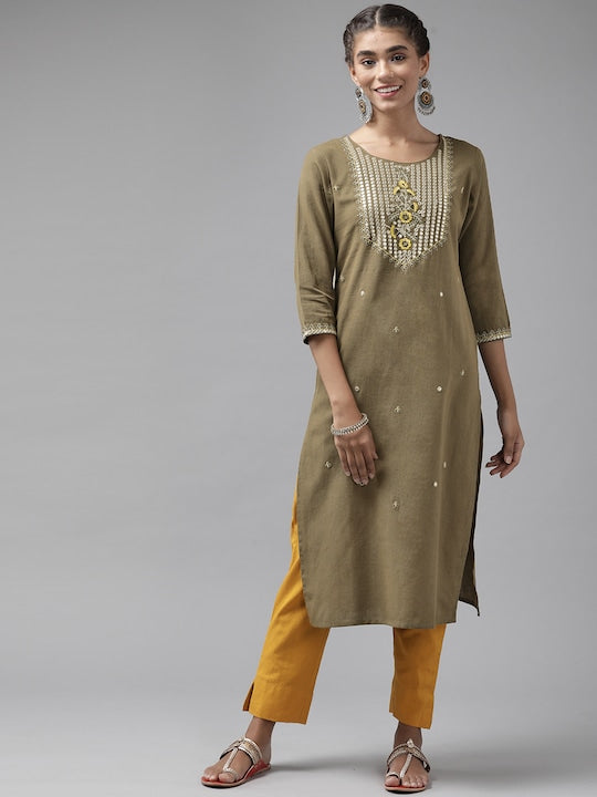 Yufta Women Grey Embroidered Mirror Work Kurta