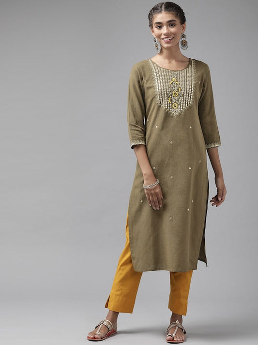 Yufta Women Grey Embroidered Mirror Work Kurta