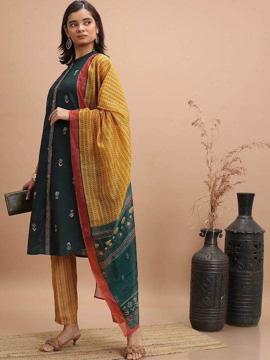 Vishudh Floral Printed Band Collar Regular Kurta with Trousers & With Dupatta