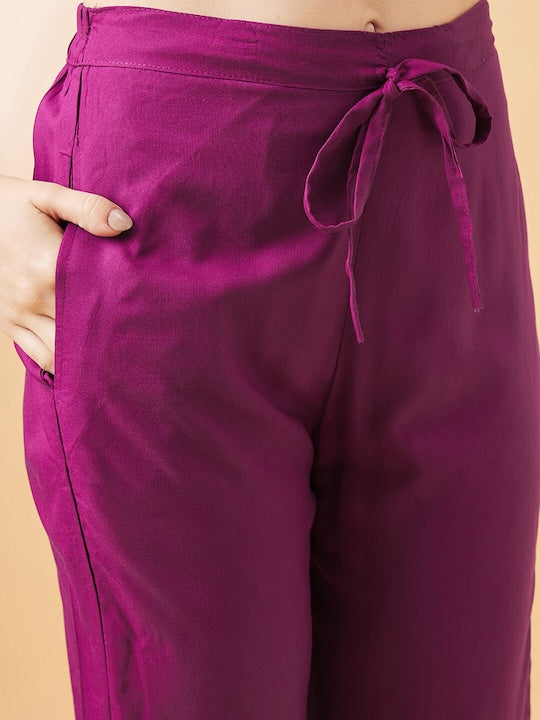 All about you Maroon Ethnic Motifs Printed Gotta Patti Regular Kurta with Trousers