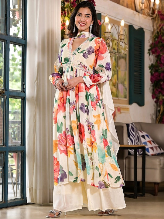 Vishudh Floral Printed Empire Kurta with Palazzos & Dupatta