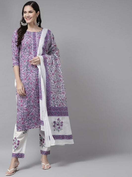 Yufta Women Lavender & White Ethnic Motifs Printed Kurta with Trousers & Dupatta