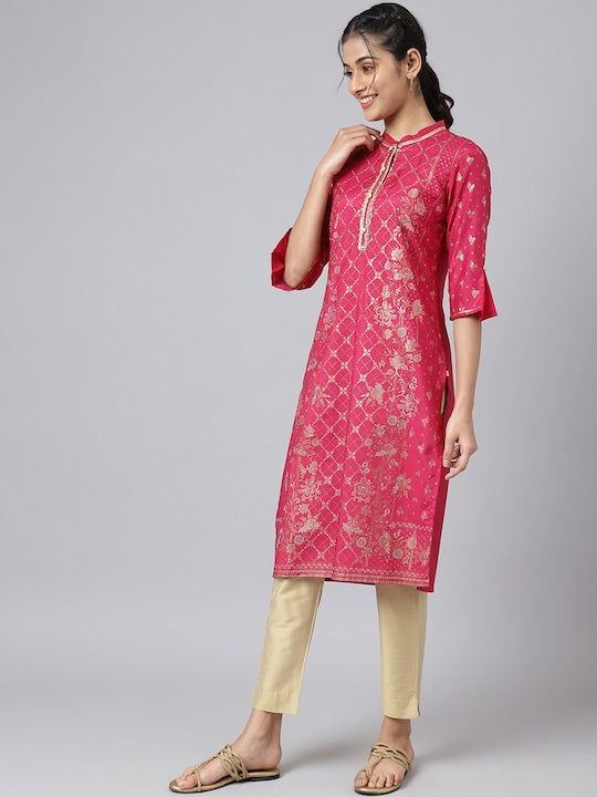Aurelia Women Pink & Gold-Toned Ethnic Motifs Printed Kurta