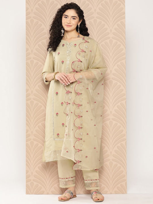 Yufta Floral Embroidered Regular Thread Work Pure Cotton Kurta with Trousers & Dupatta