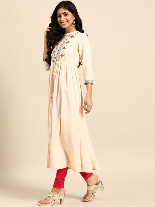 All about you Cream-Coloured Ethnic Motifs Yoke Design Thread Work Detail Anarkali Kurta