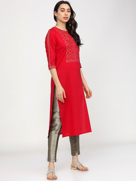 Vishudh Women Red Ethnic Motifs Printed Keyhole Neck Thread Work Kurta