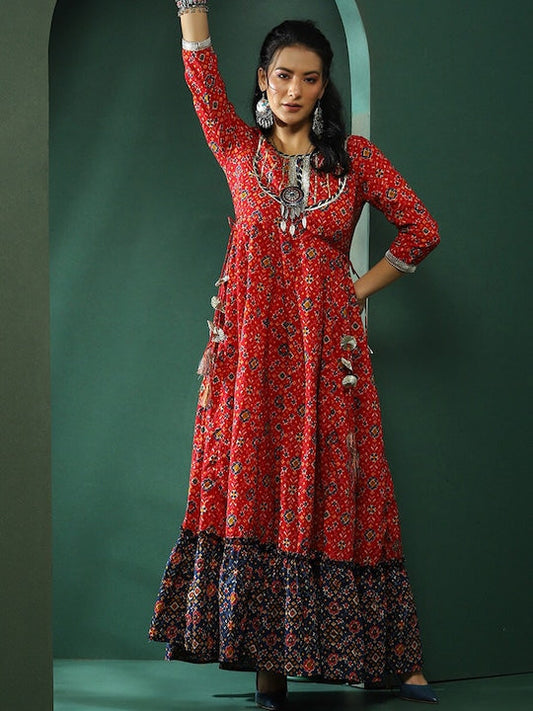 AKS Round Neck Three Quarter Sleeves Floral Print Maxi Dress