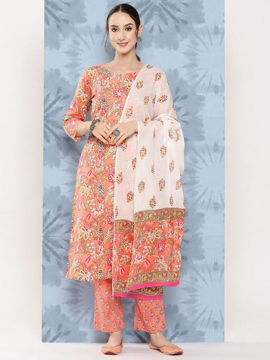Yufta Women Floral Printed Regular Pure Cotton Kurta with Trousers & With Dupatta - M