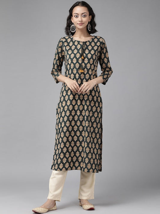 Yufta Women Teal Green & Mustard Yellow Ethnic Printed Pure Cotton Kurta with Palazzos