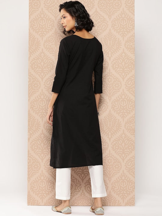 Yufta Floral Embroidered Chikankari Cotton Kurta Black