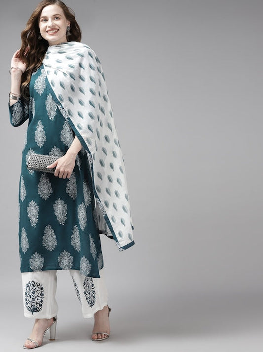 Yufta Women Teal Ethnic Motifs Printed Regular Kurta with Palazzos & With Dupatta