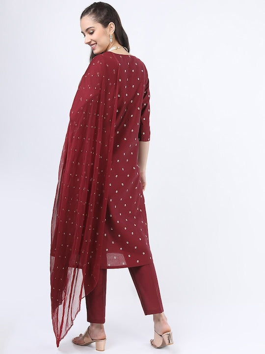 Vishudh Women Red Floral Printed Kurta with Trousers and Dupatta