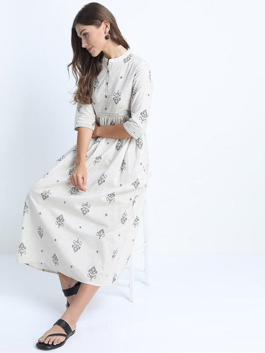 Vishudh Women Cream-Coloured & Grey Ethnic Motifs Cotton Empire Dress