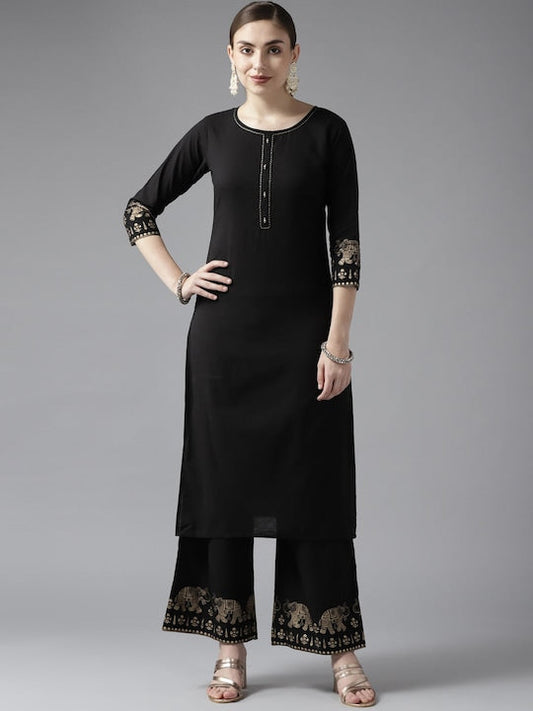 Yufta Women Black Ethnic Motifs Printed Pure Cotton Kurta with Palazzos