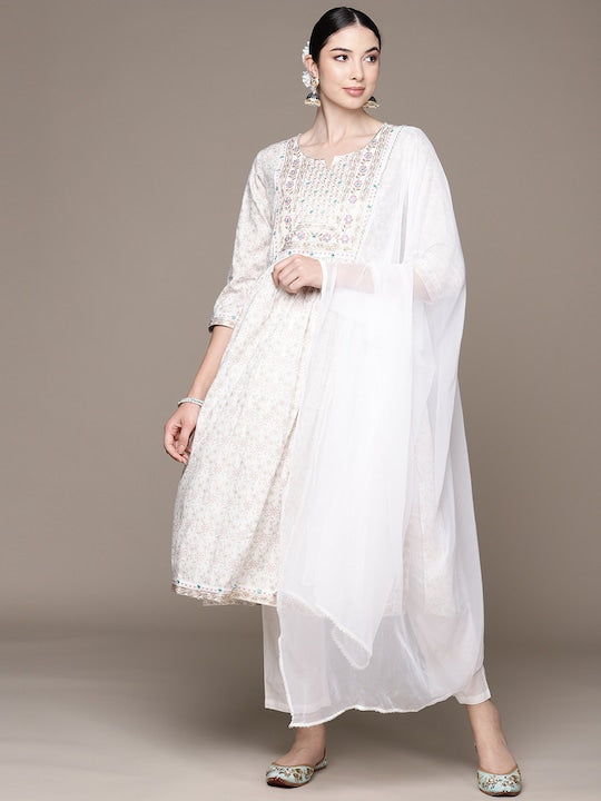 Anubhutee Floral Embroidered High Slit Mirror Work Kurta With Trousers & Dupatta - XL