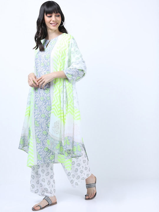 Vishudh Grey Floral Yoke Design Empire Kurta with Trousers & With Dupatta