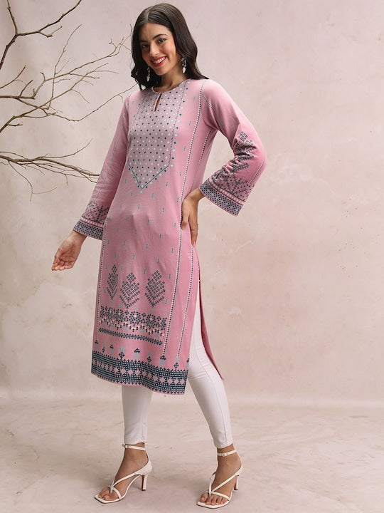 Vishudh Ethnic Motifs Printed Keyhole Neck Straight Kurta