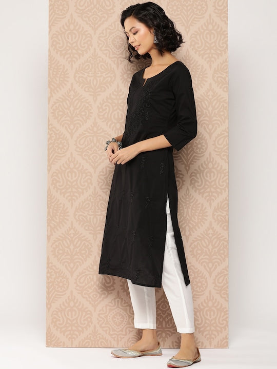 Yufta Floral Embroidered Chikankari Cotton Kurta Black