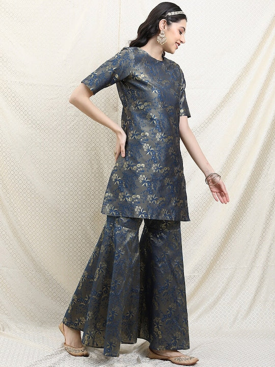 Vishudh Women Poly Brocade Teal Floral Kurta with Sharara & With Dupatta