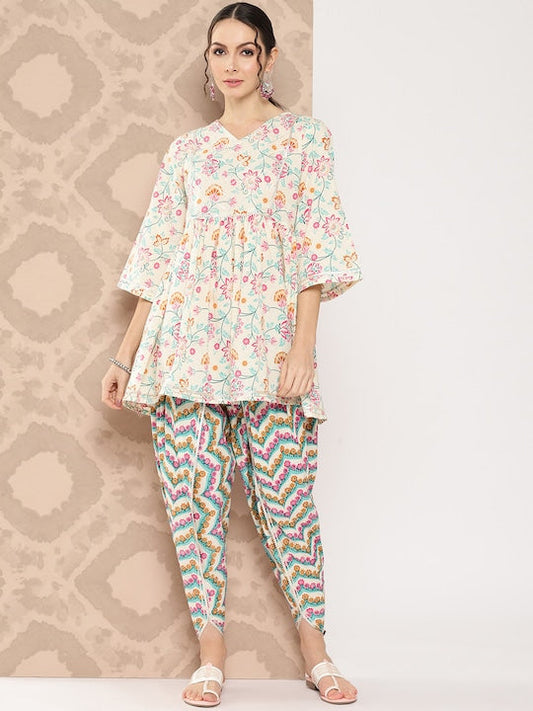 Yufta Women Floral Printed Regular Gotta Patti Pure Cotton Kurti with Dhoti Pants Cream/Pink