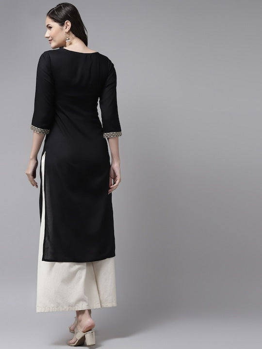 Yufta Women Black Ethnic Motifs Yoke Design Kurta