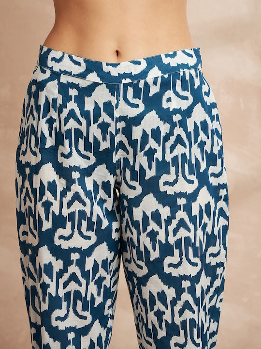 All about you Ethnic Motifs Printed Keyhole Neck High Low Pure Cotton Kurta with Trousers