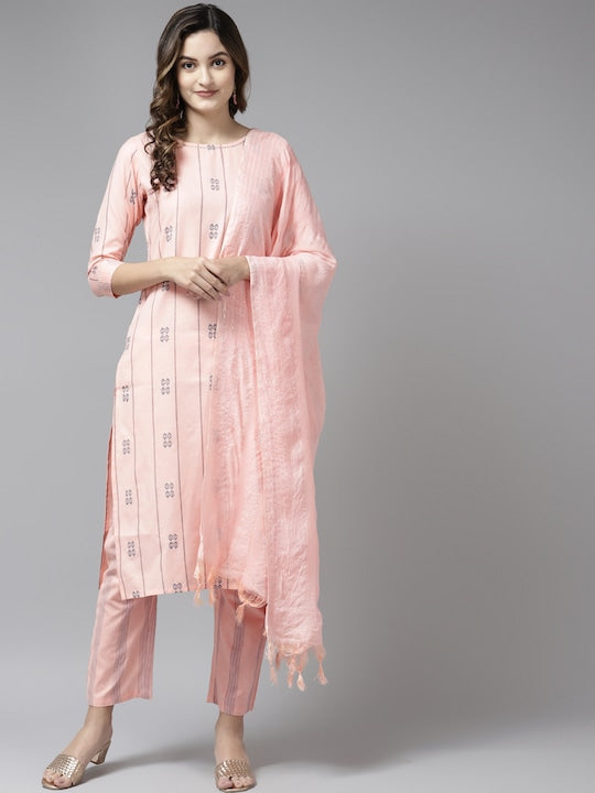 Yufta Women Pink Kantha Work Pure Cotton Kurta with Palazzos & With Dupatta