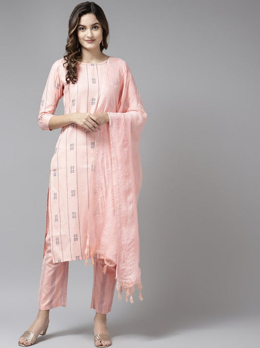Yufta Women Pink Kantha Work Pure Cotton Kurta with Palazzos & With Dupatta