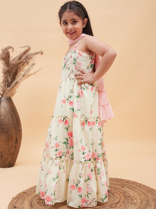 Vastramay Girls Muslin Floral Printed Anarkali Ethnic Dress & Dupatta