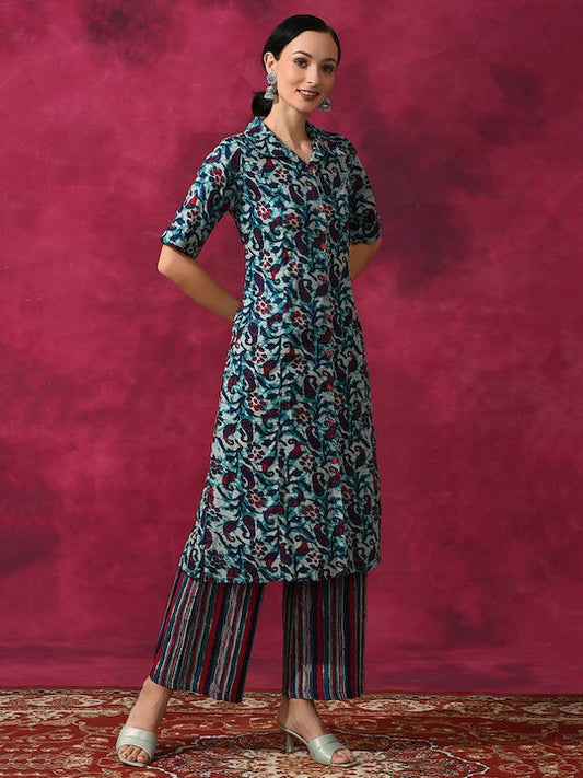 AKS Ethnic Motifs Printed Pure Cotton A-line Kurta with Palazzos