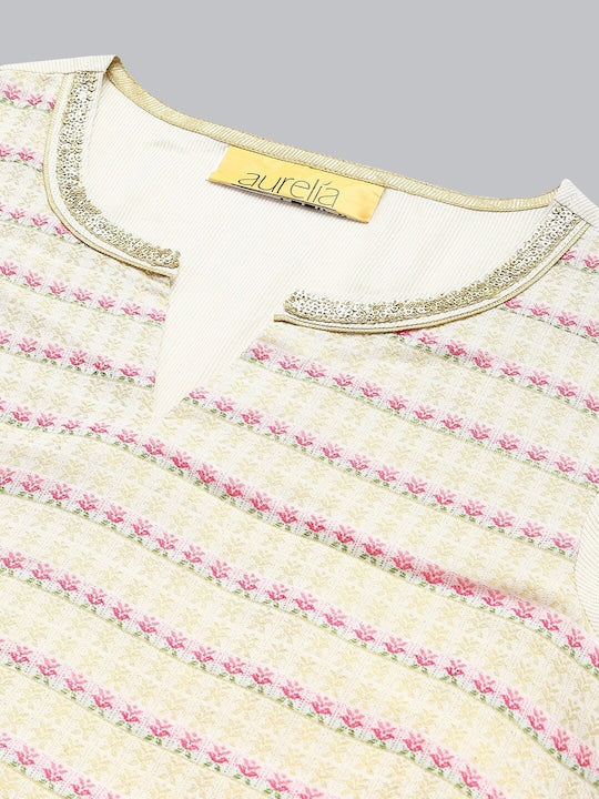 Aurelia Women Off White & Pink Striped Kurta