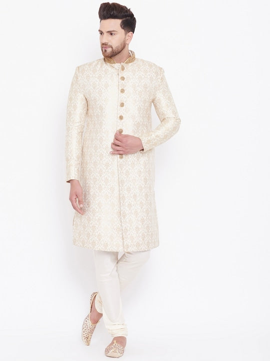 Vastramay Men Cream-Coloured & Gold-Coloured Brocade Zardozi Woven Design Sherwani Set