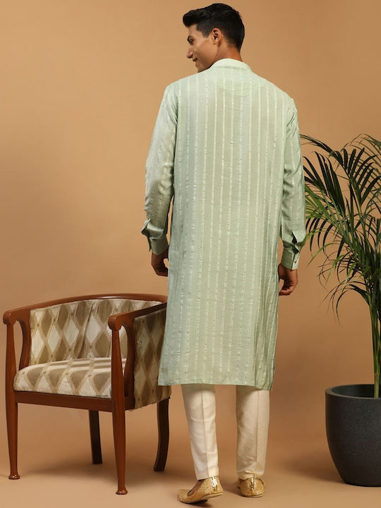 Vastramay Striped Sequinned Chanderi Cotton Kurta with Pyjamas & With Dupatta