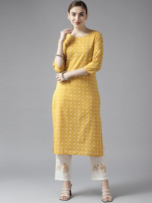 Yufta Women Mustard Yellow Ethnic Motifs Printed Pure Cotton Kurta with Trousers - XXL