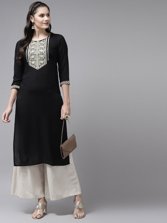 Yufta Women Black Ethnic Motifs Yoke Design Kurta