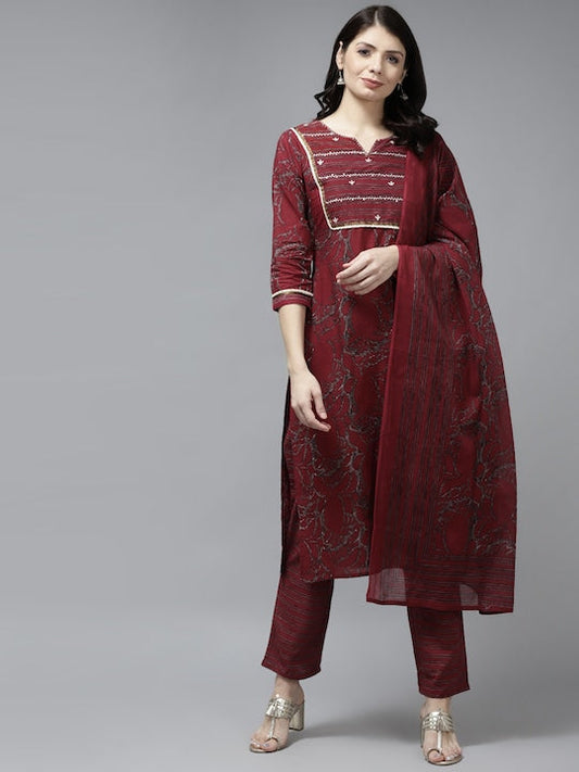 Yufta Women Maroon Printed Pure Cotton Kurta with Palazzos & With Dupatta - XXL