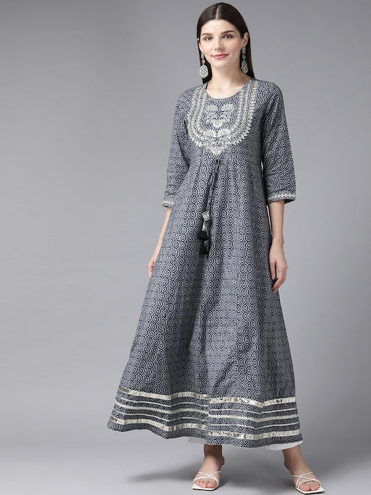 Yufta Women Grey Geometric Printed Mirror Work Kurta