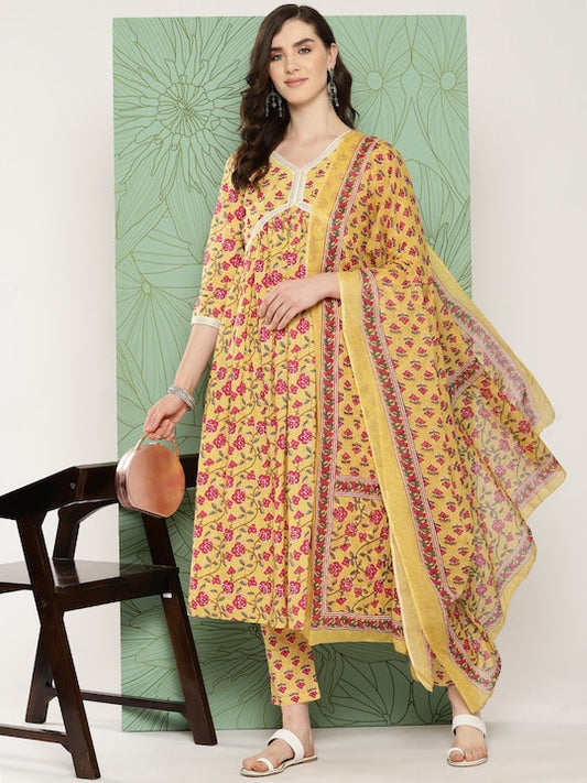 Yufta Women Floral Printed Regular Pure Cotton Kurta with Trousers & With Dupatta