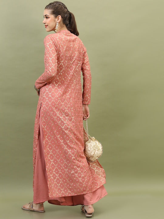 Vishudh Women Peach & Gold Printed Crop Top with Palazzos And Jacket