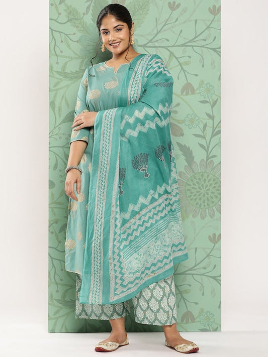 Yufta Plus Size Ethnic Motifs Printed Regular Pure Cotton Kurta With Trousers & Dupatta