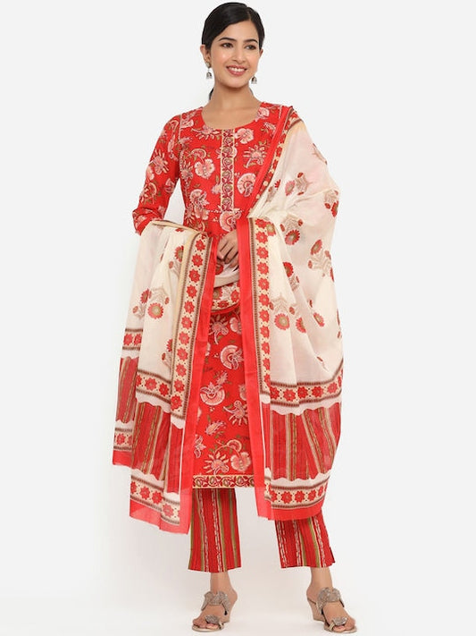 Yufta Women Red Ethnic Motifs Printed Gotta Patti Pure Cotton Kurti with Trousers & With Dupatta - S