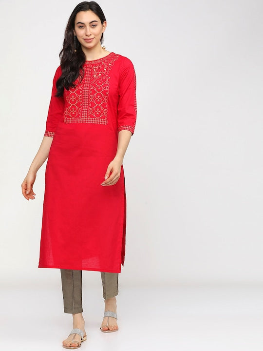 Vishudh Women Red Ethnic Motifs Printed Keyhole Neck Thread Work Kurta