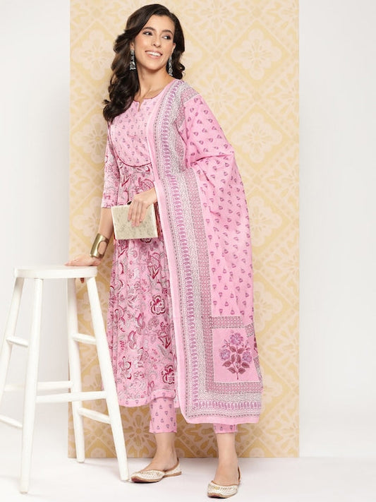 Yufta Floral Printed Anarkali Sequinned Pure Cotton Kurta with Trousers & Dupatta