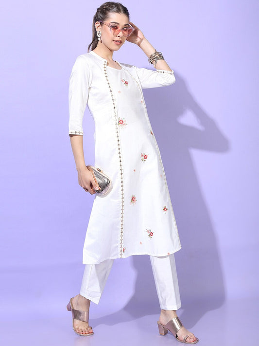 Vishudh Women White Ethnic Motifs Embroidered Panelled Mirror Work Kurta with Trousers