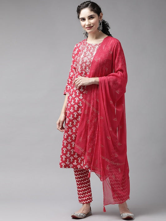 Yufta Women Coral Pink & White Block Print Sequinned Kurta with Trousers & Dupatta