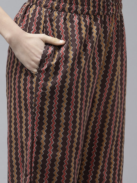 Yufta Women Brown Ethnic Motifs Printed Pure Cotton Kurta with Trousers & With Dupatta