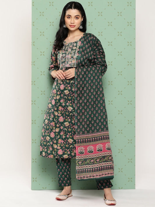 Yufta Women Floral Embroidered Regular Gotta Patti Pure Cotton Kurta Set
