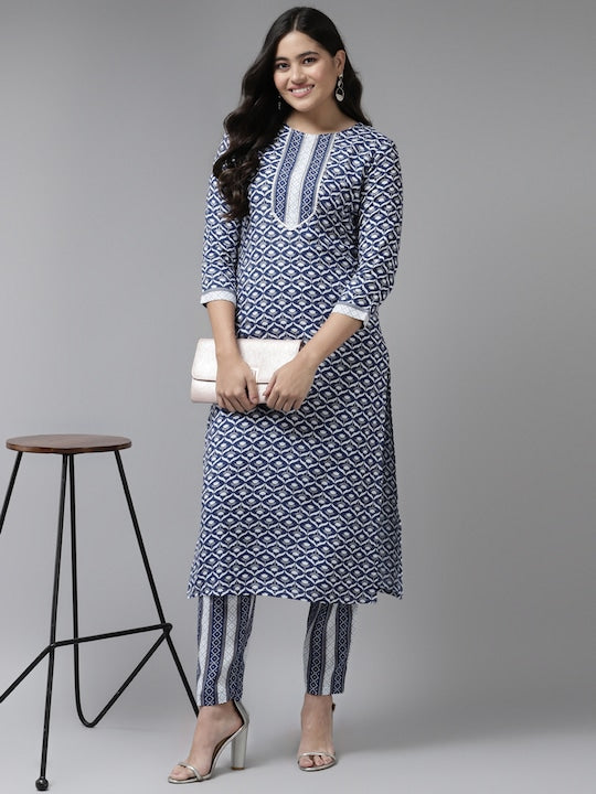 Yufta Women Blue Ethnic Motifs Printed Kurta with Trousers