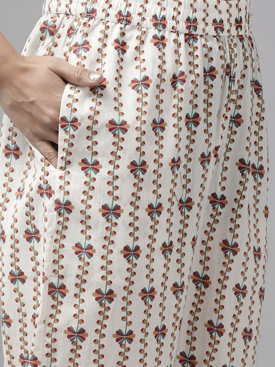 Yufta Women White Printed Pure Cotton Kurta with Trousers & With Dupatta